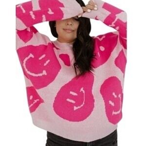 Altar'd State Pink Smiley Face Oversized Knit Sweater Women's Size Medium